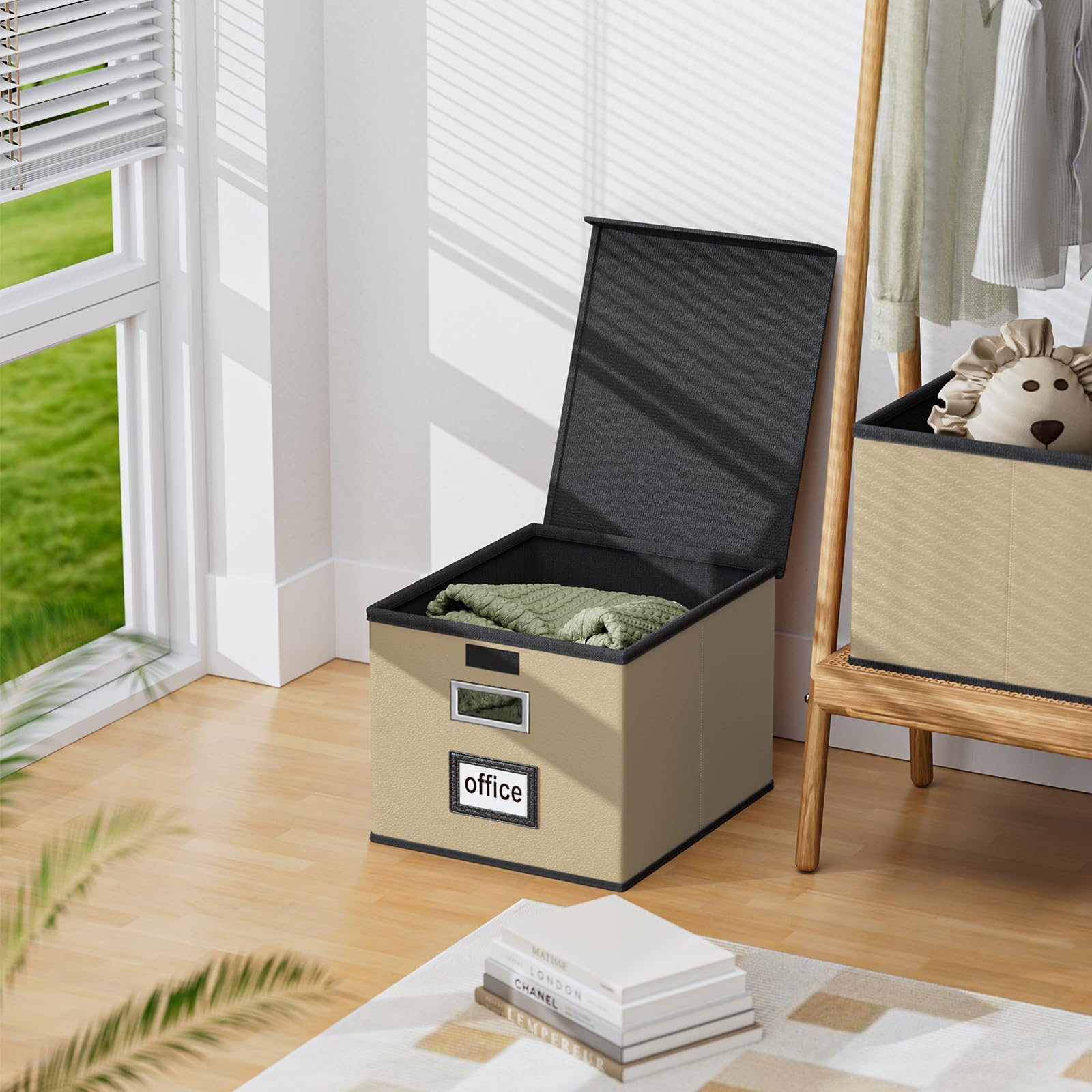 Huolewa Foldable File Organizer Box with Lids (2 Pack, Khaki, Leather)