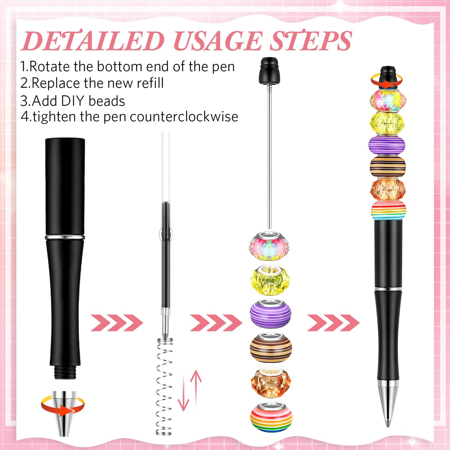Crtiin 100 Pcs Beadable Pen School DIY Kit,Black Gold