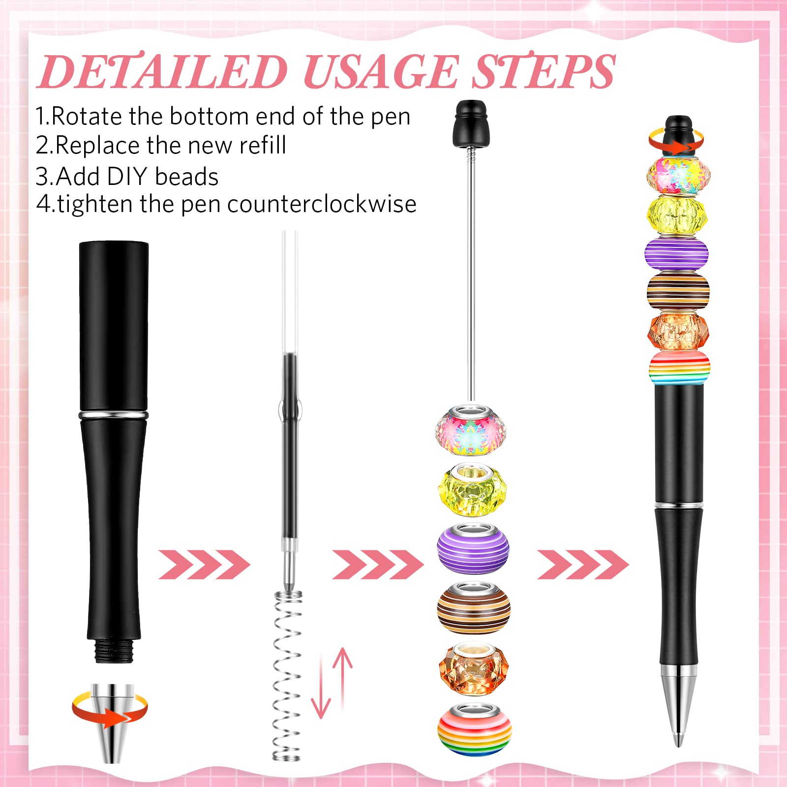 Crtiin 100 Pcs Beadable Pen School DIY Kit,Black Gold
