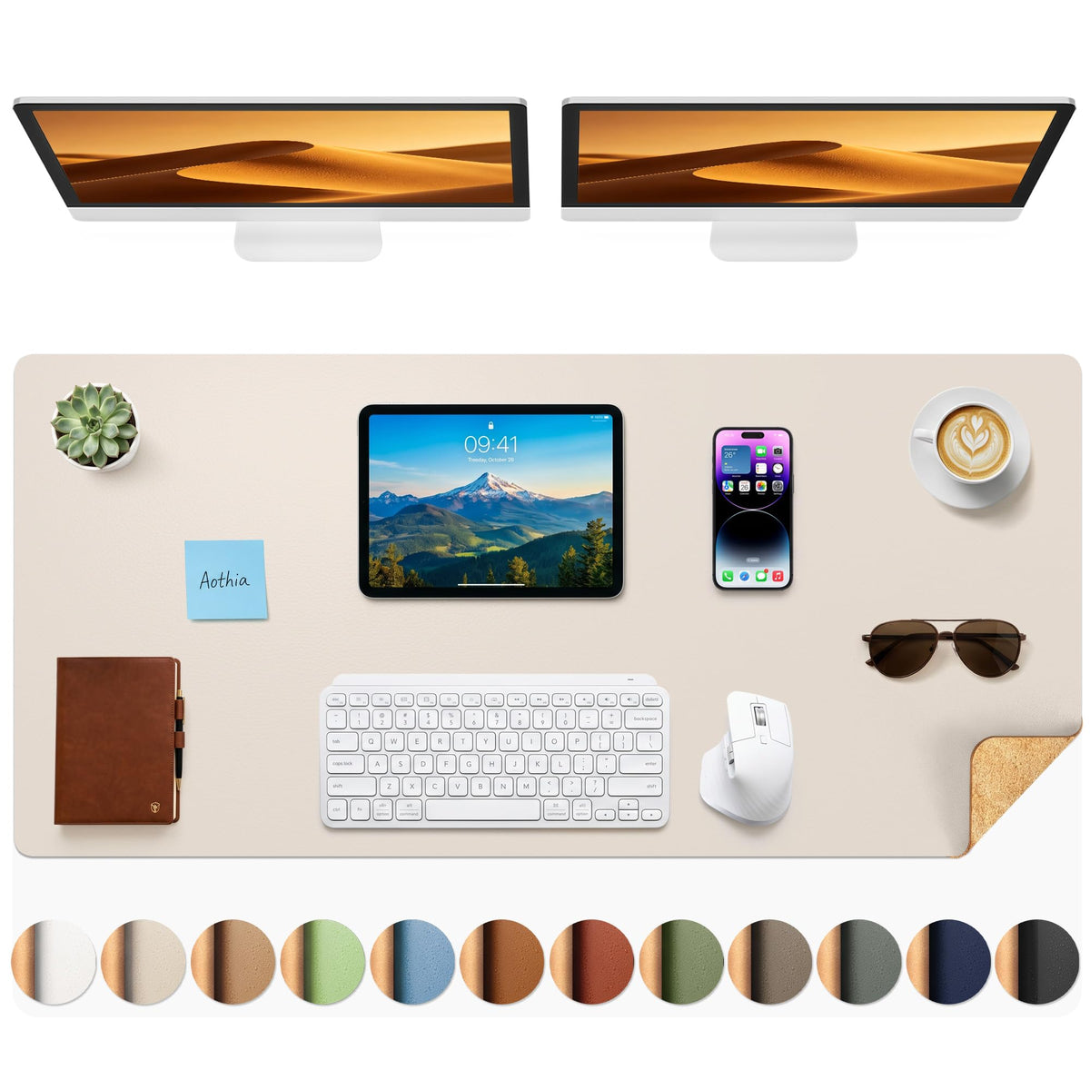Aothia Dual-Sided Desk Mat, FSC Cork & PU Leather Desk Pad, Large Mouse Pad & Writing Surface for