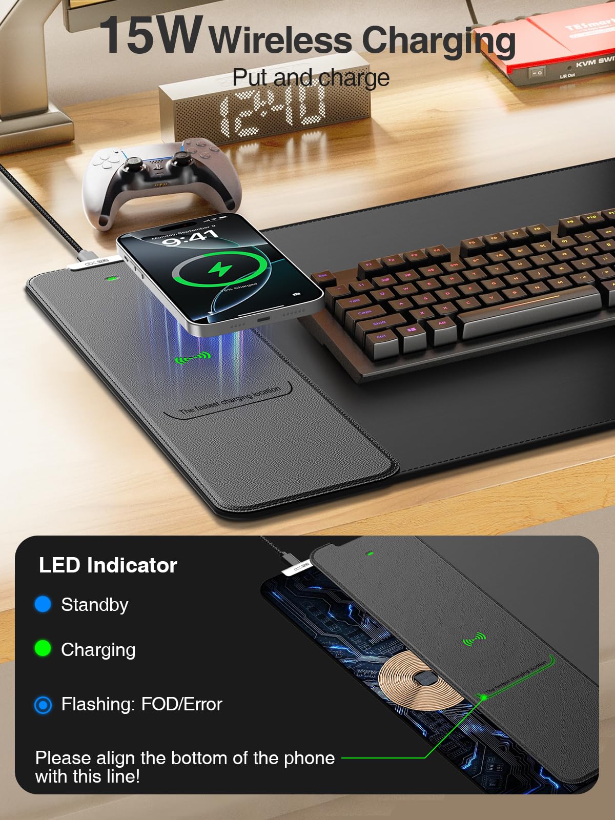 Wireless Charging Mouse Pad, 31.5"x15.8" Large Desk Mat, Smooth Glide