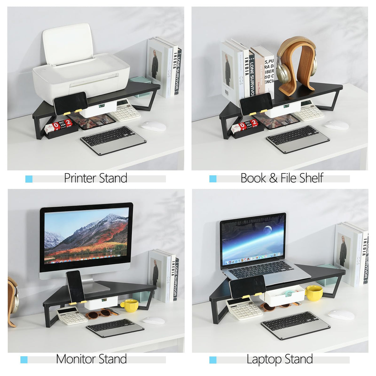 TEAMIX Corner Monitor Stand with Drawer and Phone Holder, 26x12.6x5.3in