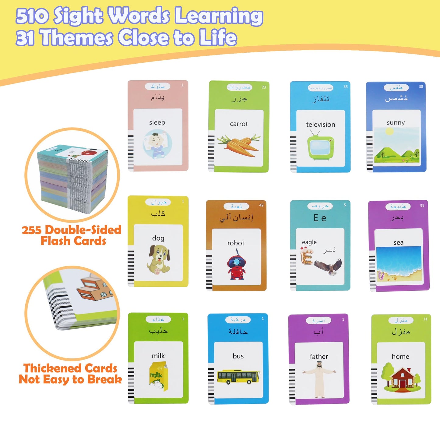 MAYAPHILOS Arabic and English Speaking Flash Cards with 510 Sight Words
