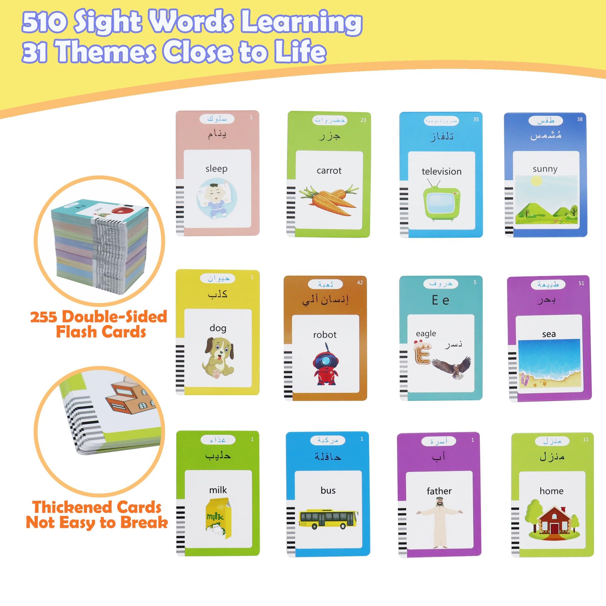 MAYAPHILOS Arabic and English Speaking Flash Cards with 510 Sight Words