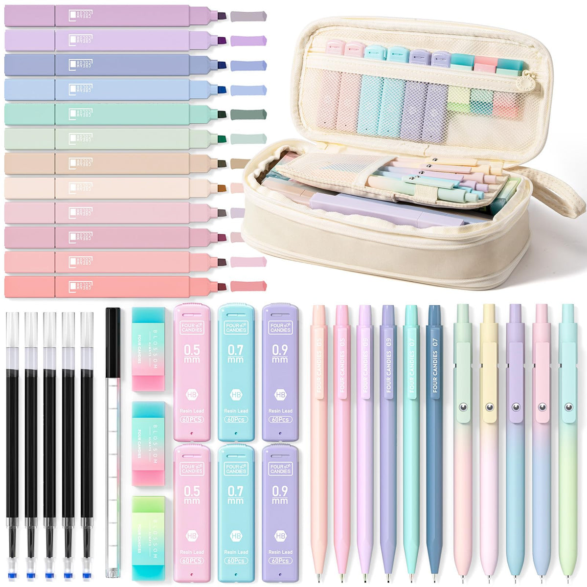 Four Candies School Supplies with Cute Pencil Case, 39ct, Cream