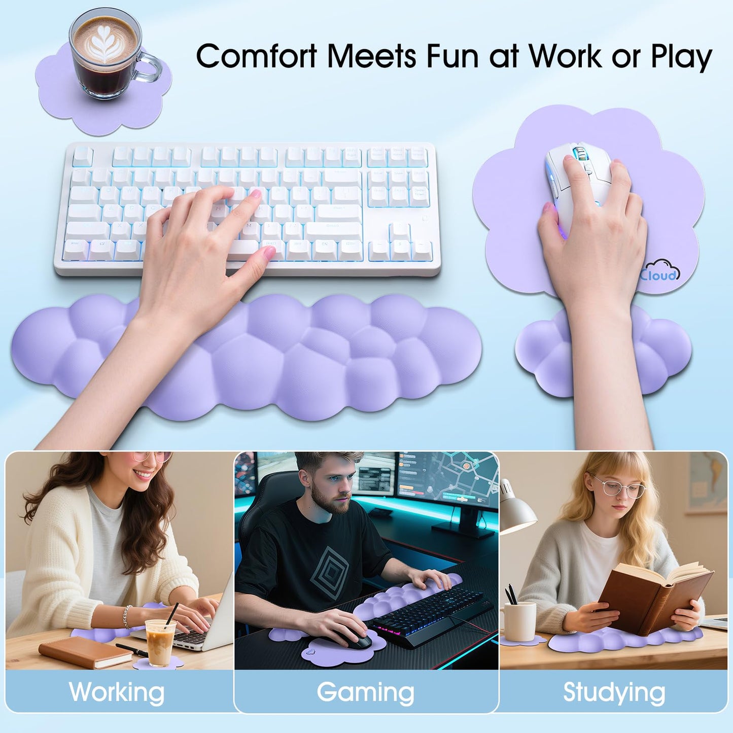 Retuhapy Cloud Wrist Rest Keyboard Cushion and Cloud Mouse Pad, Purple