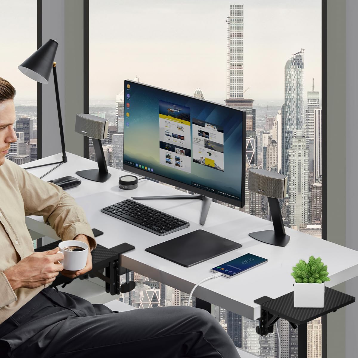 suptek Ergonomics Desk Extender Tray, 9.5"x9.1" Clamp on Table Mount Arm Wrist Rest Shelf, 90°