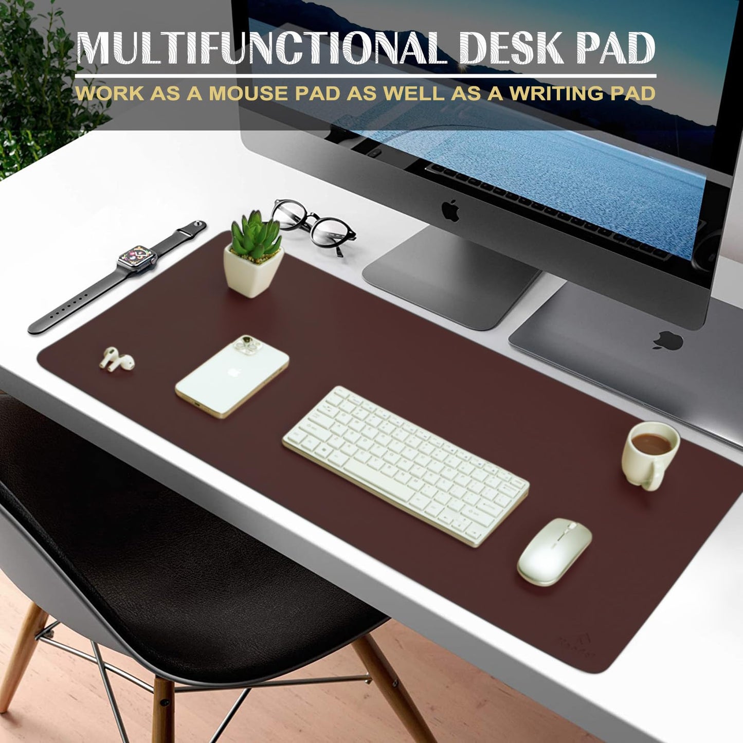 K KNODEL Extra Large Desk Mat, Leather Mouse Pad (47.2"x17", Dark Brown)
