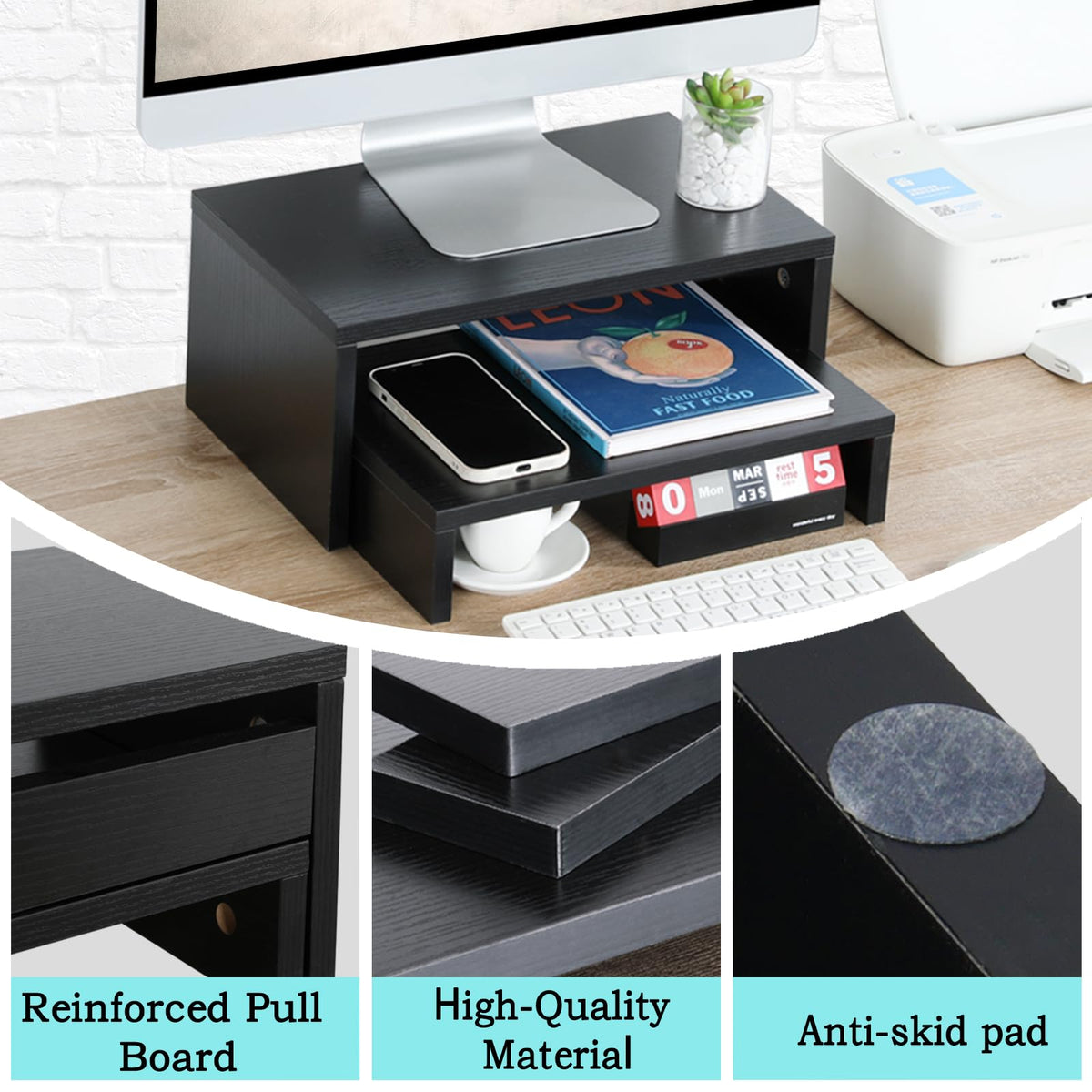 TEAMIX 2-Pack Monitor & Laptop Stand Riser,Wood High-Low Dual Monitor Setup