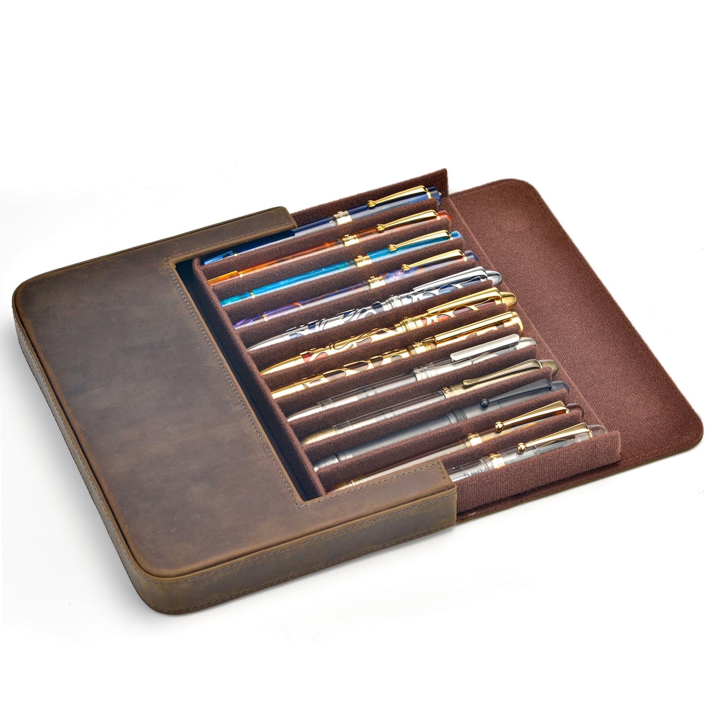 Lanxivi 12 Fountain Pen Case Genuine Leather Organizer, Crazy Horse Cowhide Leather Portable Pen