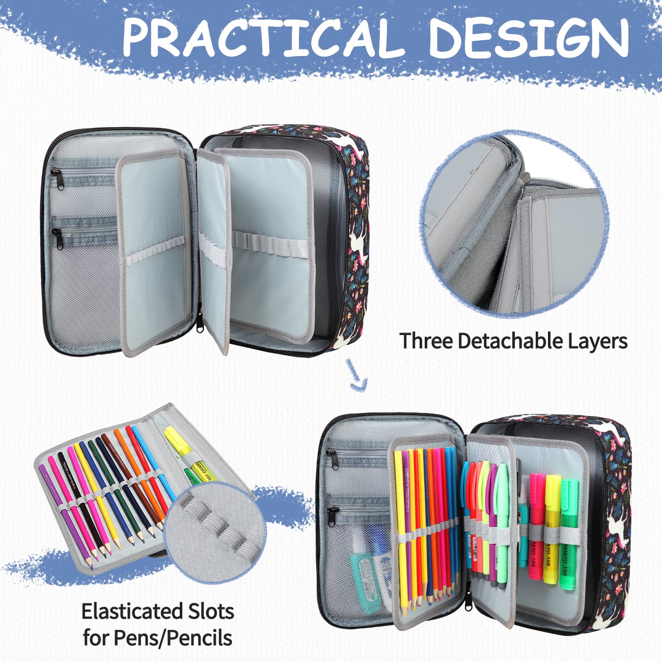 VASCHY Large Pencil Case, Art Color Pencils Pouch with Detachable Layers Multiple Zip Pockets for