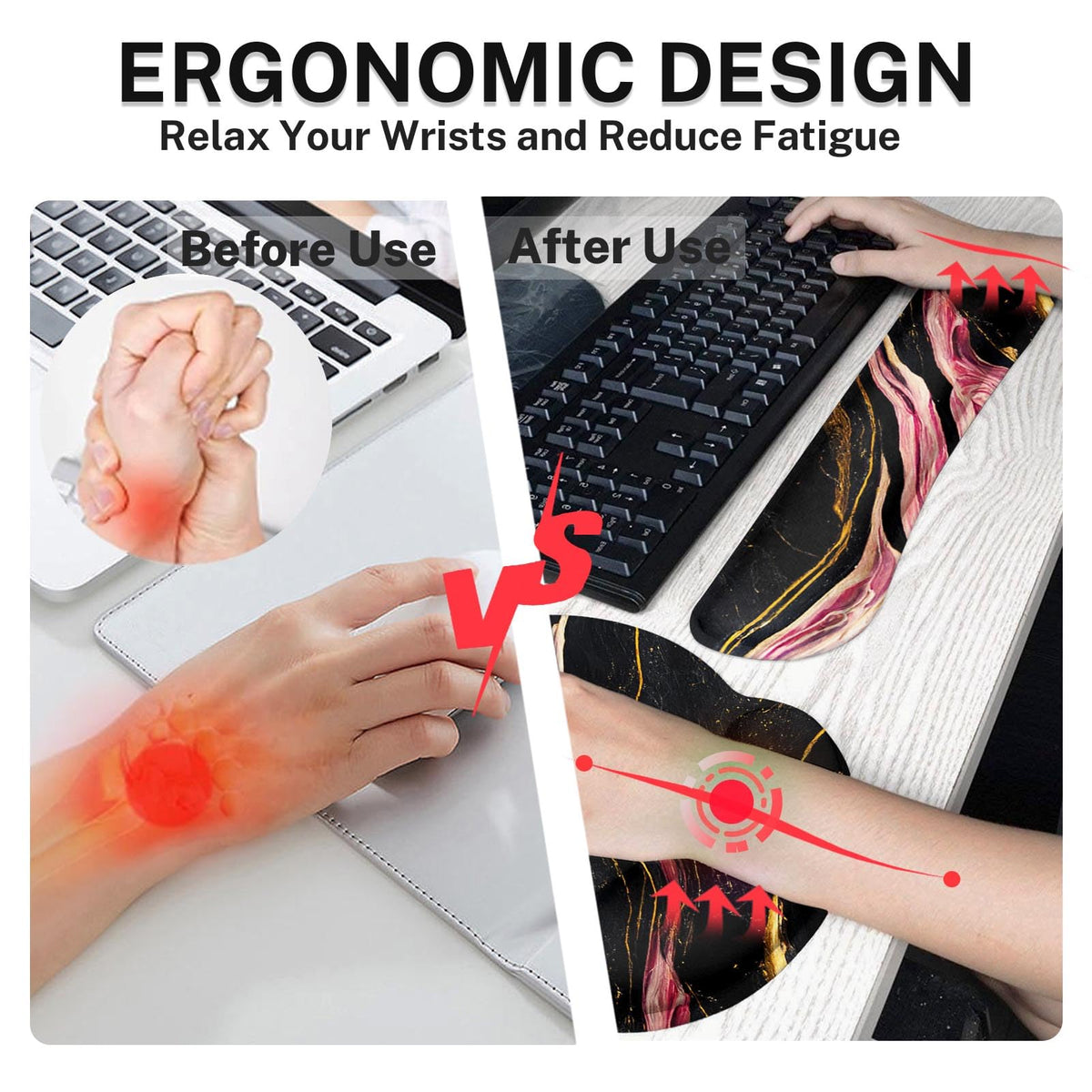 Britimes Keyboard Mouse Pad Set, 4 in 1 Desk Mat Set, Pink Black Marble