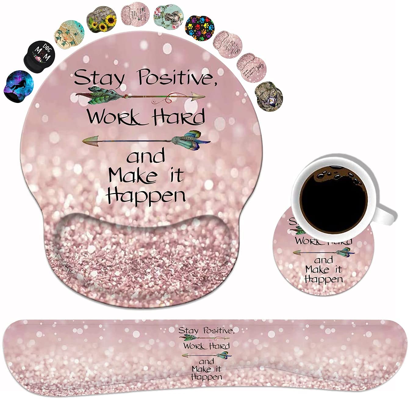 Keyboard Wrist Rest and Mouse Wrist Rest Pad Set with Coasters, Inspirational Quote Stay Positive