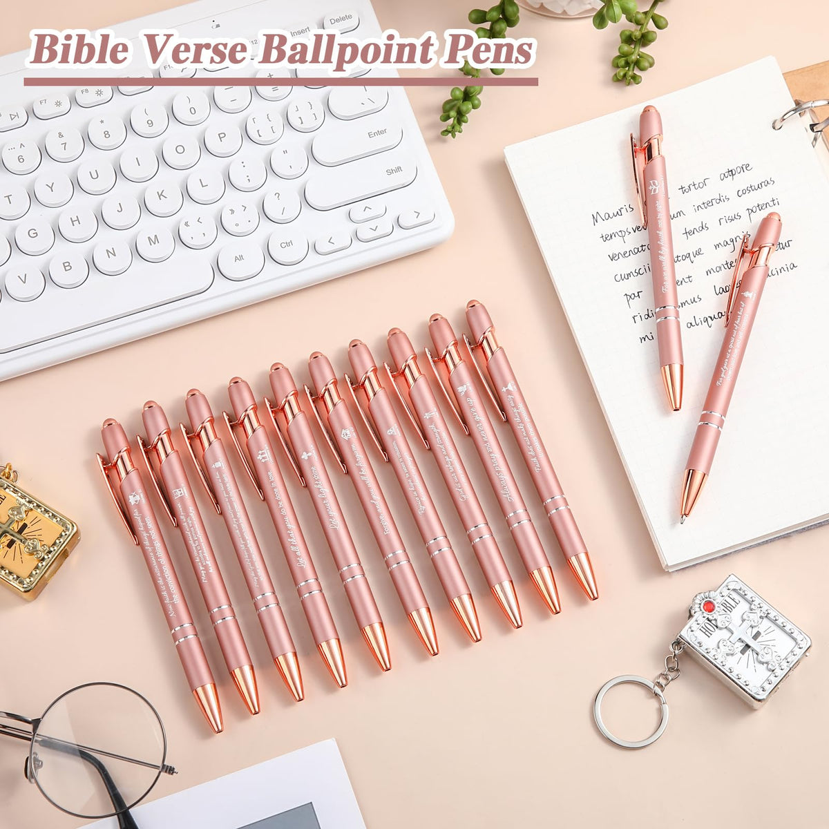 Chuangdi 48 Pcs Bible Verse Pens Bulk Black Ink Pens, Rose Gold