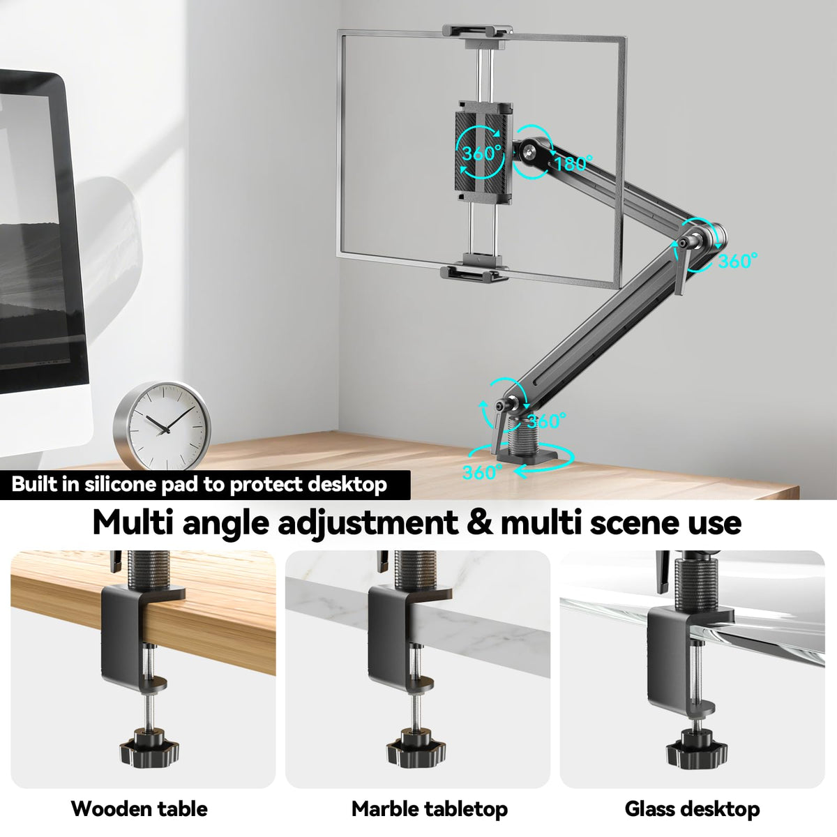 Portable Monitor Stand Desk Holder- Large Clamp support up to 6.5 12.9 14.6 15.6 18.5 inch 360°