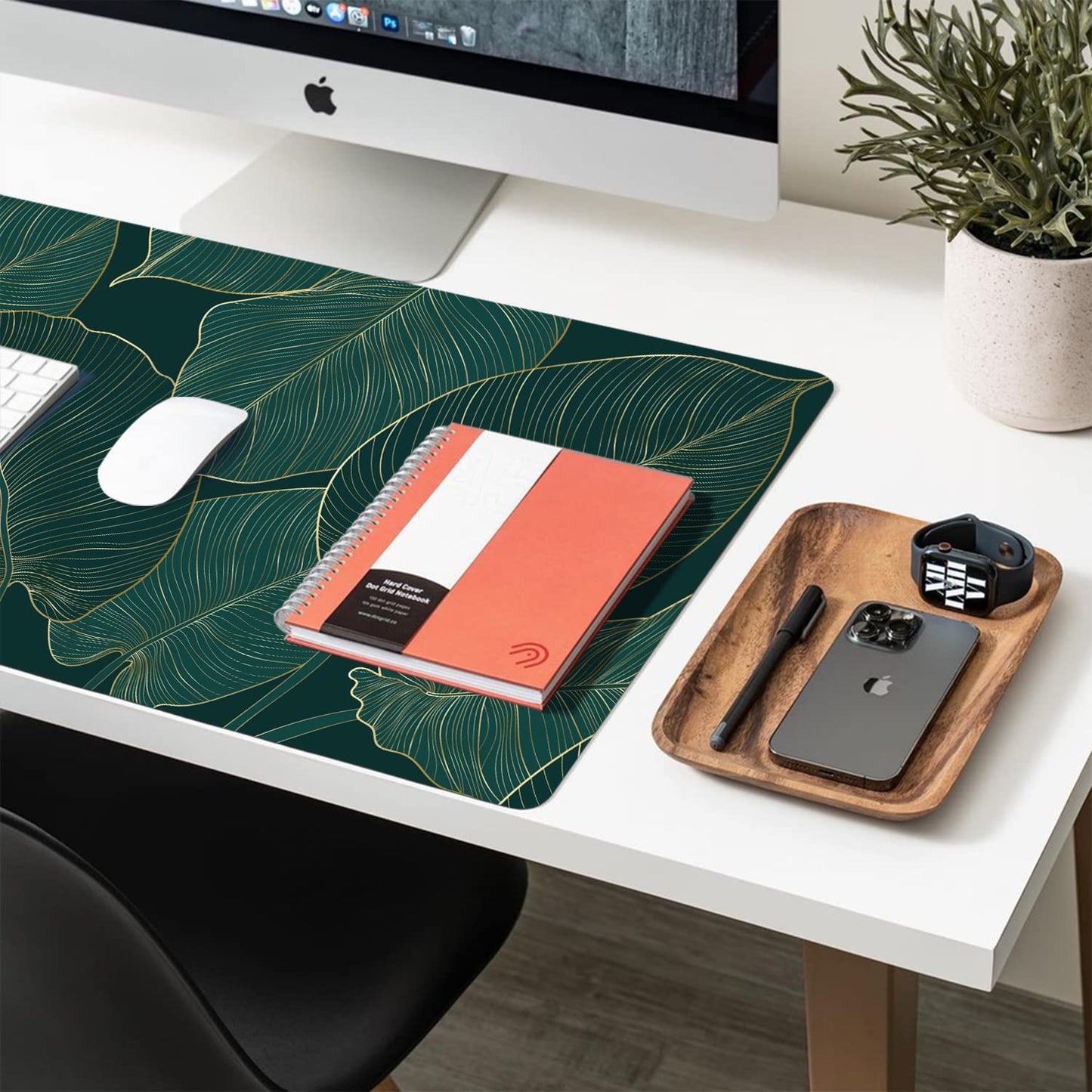 Green Desk Mat, Large PU Leather Desk Pad, Palm Leaves 31.5"x15.7"