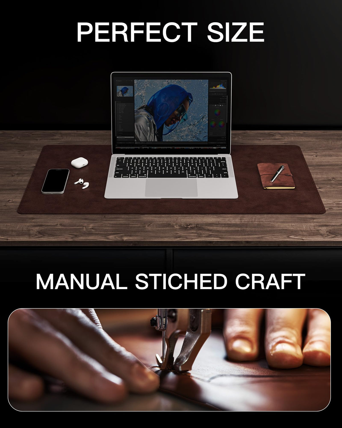 YSAGi Genuine Leather Desk Mat, 35.4"X17" Office Desk Pad, Thick Premium Table Pad with Stitched