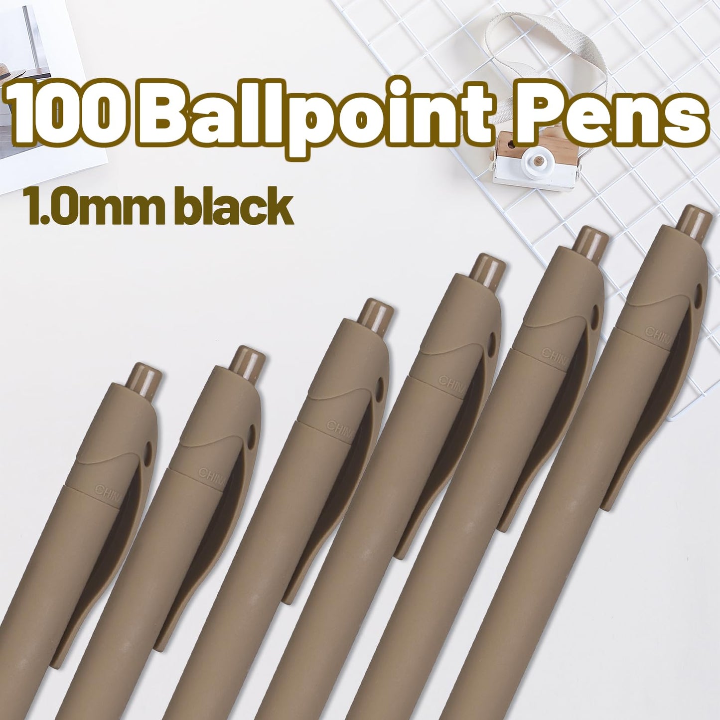 Wiaziert BallPoint Pens, 100 Pack (BLACK Ink),Bulk Pens, Brown Barrel,Click Pens for Office Home