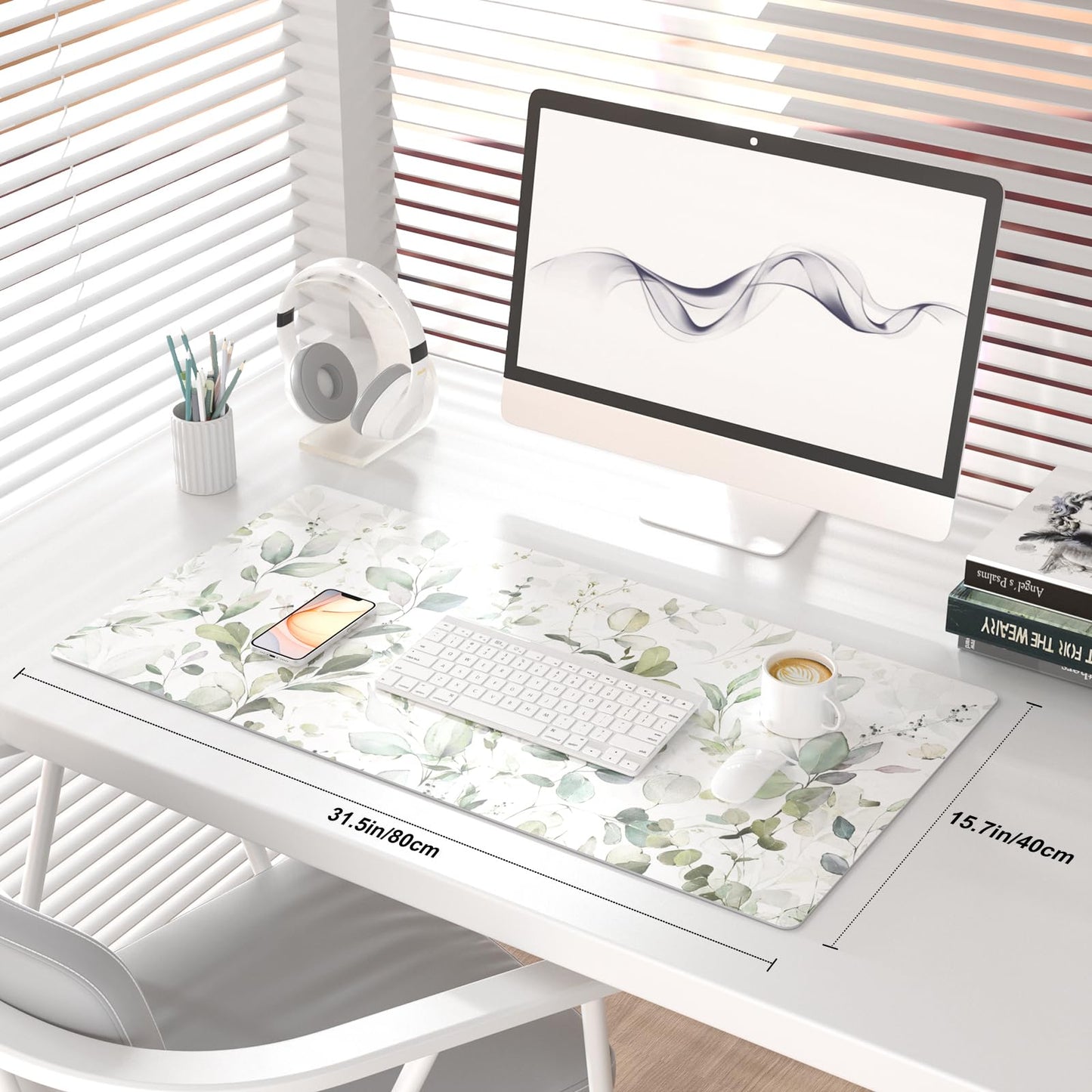 QIYI PU Leather Large Mouse Pad, Waterproof Desk Mat, 31.5" x 15.7", Leaves
