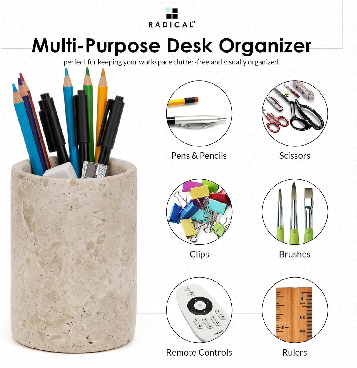 Radicaln Marble Pen Holder For Desk 4" Inches Travertine Handmade Pencil Holder & Pen Holder for