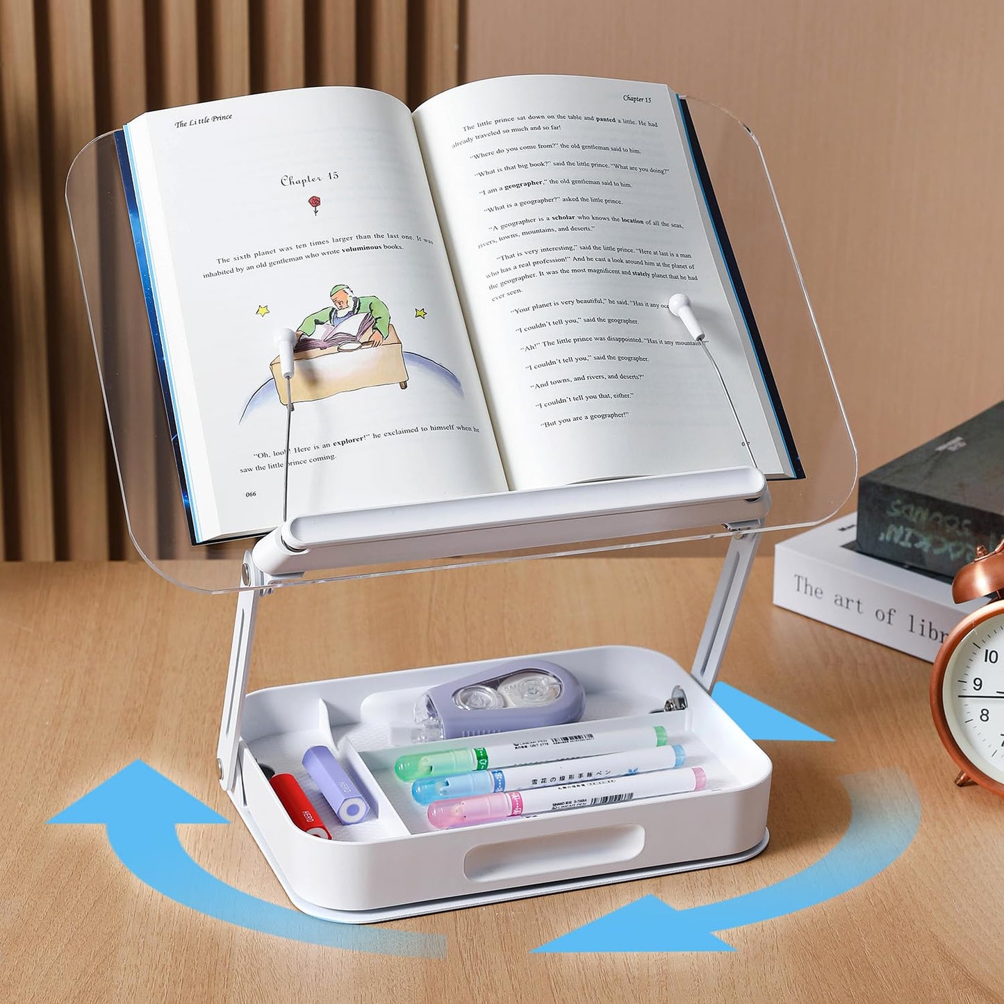 ZOEY Acrylic Book Stand for Reading Adjustable Book Holder with 360 Rotating Base and Storage