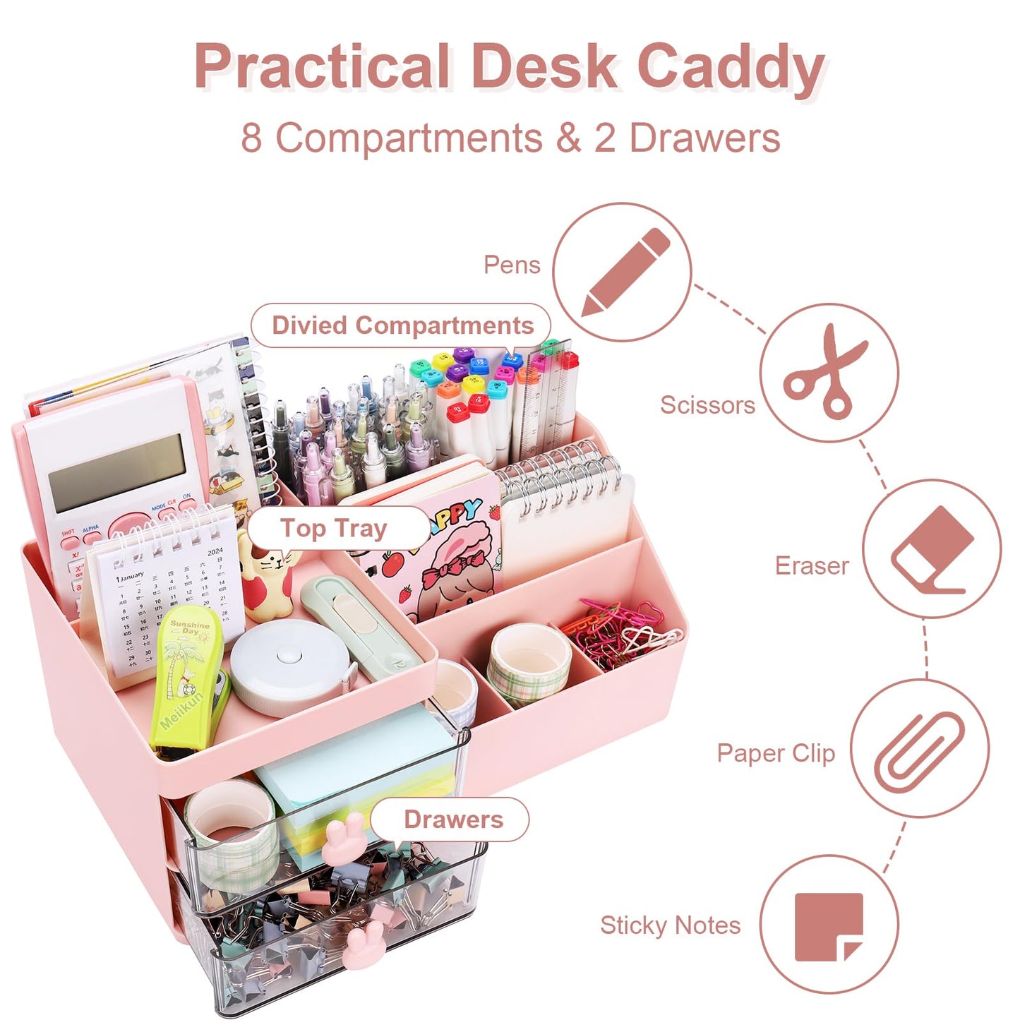Meiikun Desk Organizer, Makeup Organizer with 2 Drawers, 7 Compartment & a Top Tray, Desktop