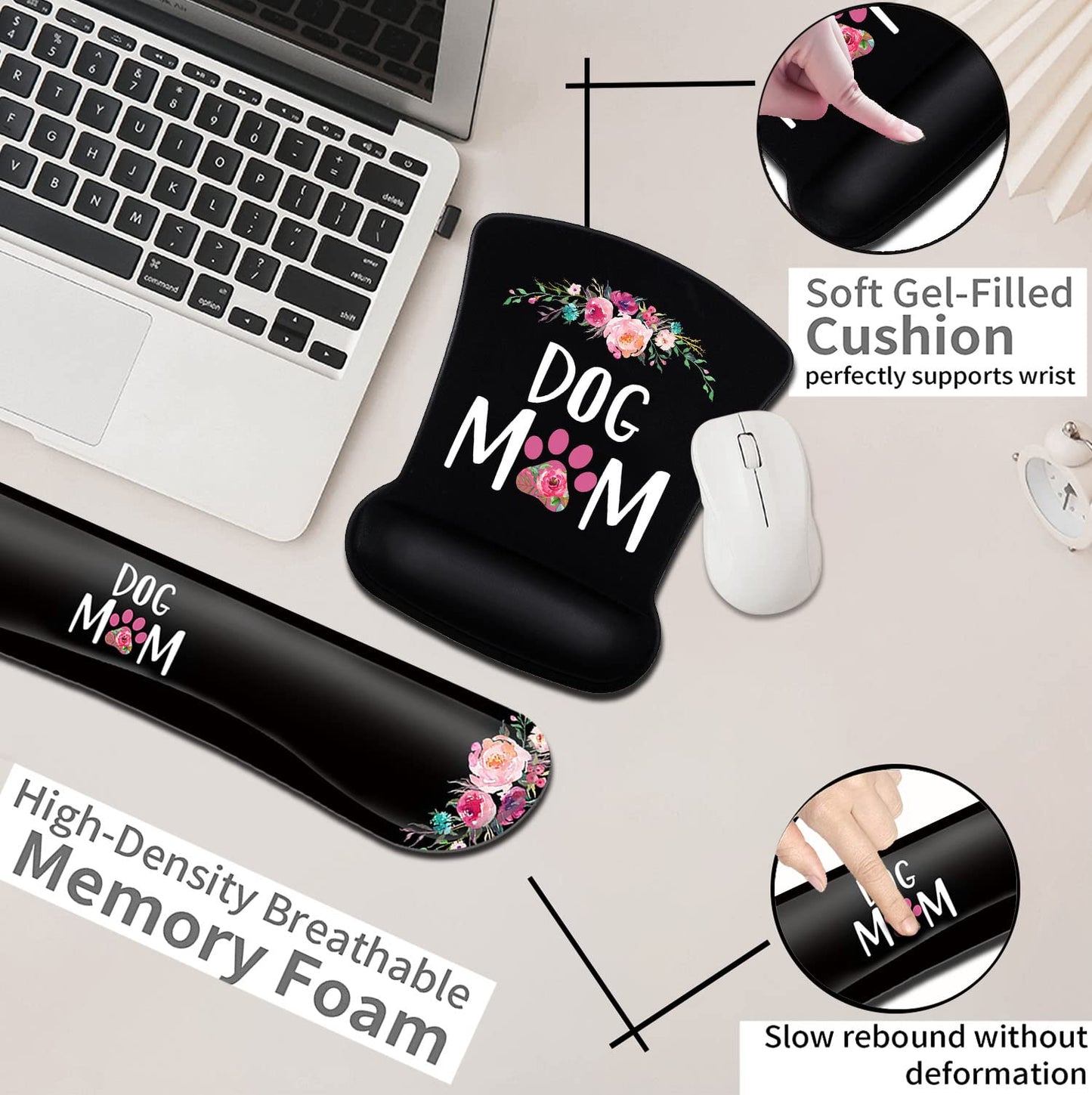 Ergonomic Mouse Pad with Gel Wrist Rest Support,Cute Dog Mom Floral and Black MousePads Desktop