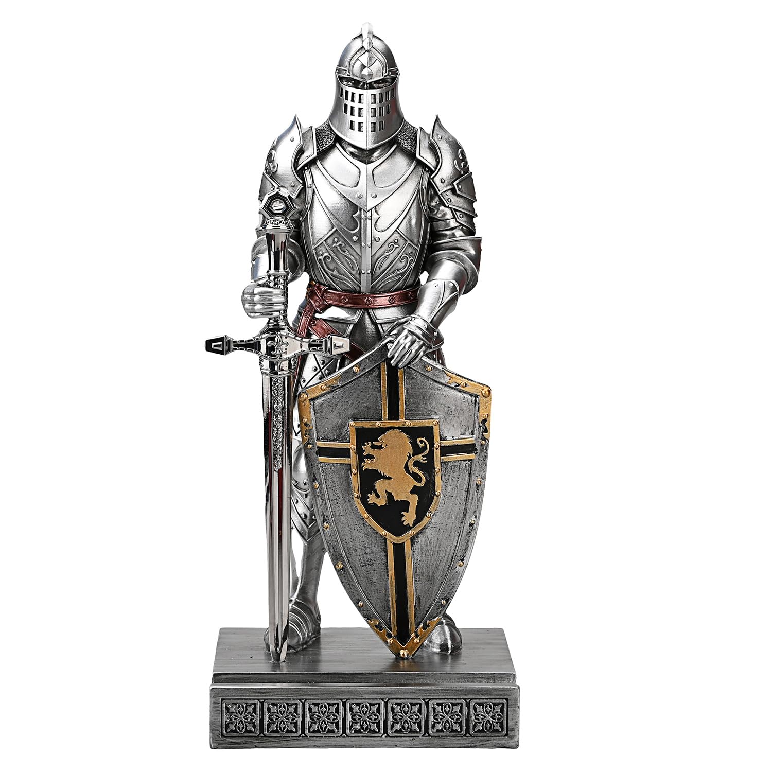 HDMbigmi King's Guard Knight Pen Holder Statue with Shield for Desk Silver