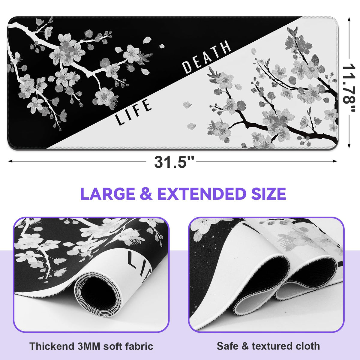DIGSOM Mouse Pad Black and White Cherry Blossom Pattern, 31.5 x 11.8in