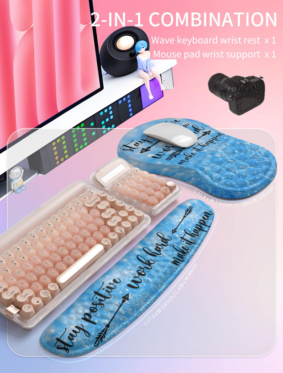 Hokafenle 2in1 Combination, Wave Keyboard Wrist Rest and Ergonomic Curvature Mouse Pad Wrist