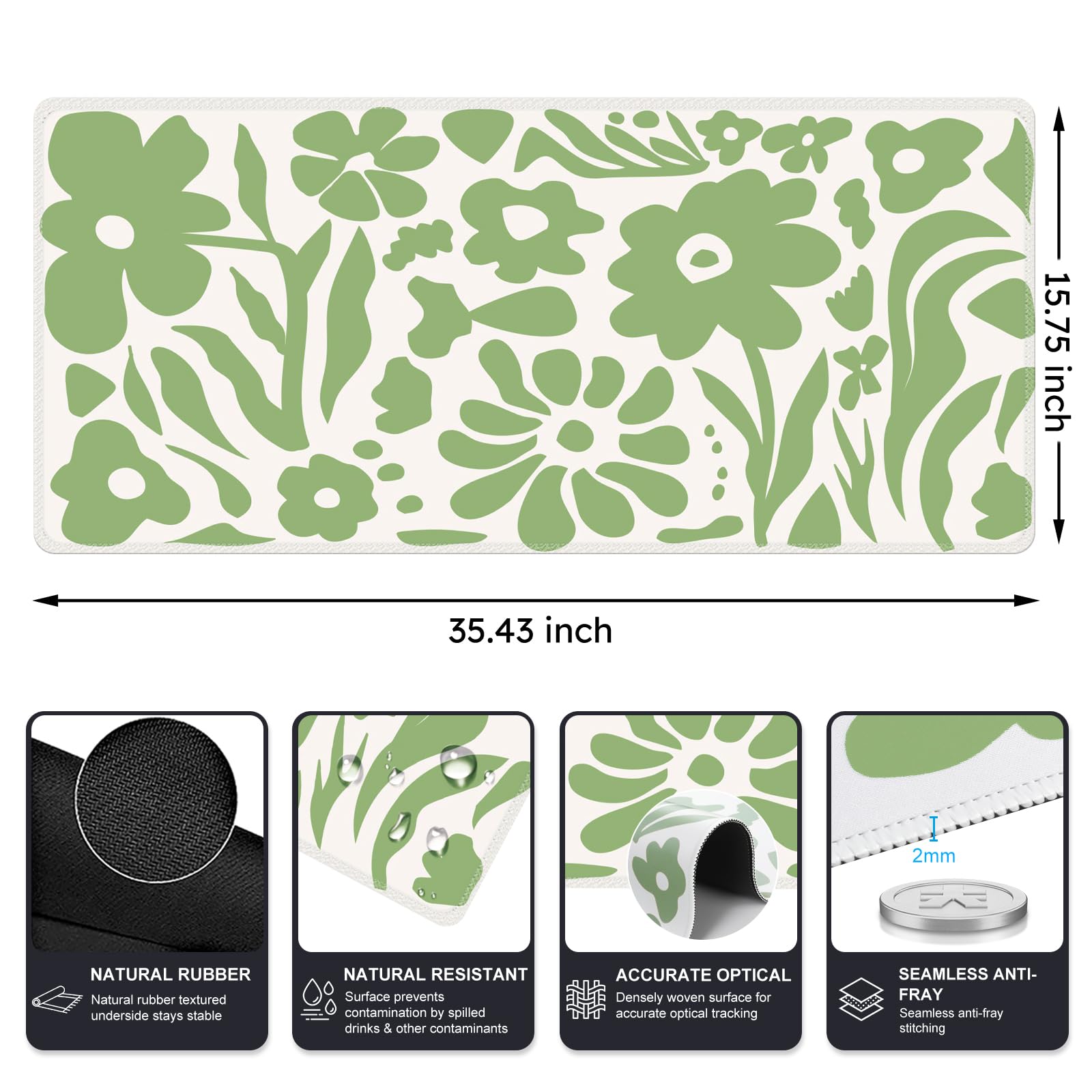 iCasso Desk Mat, Desk Matt for Desktop, Cute Desk Pad Mat, Green Flowers