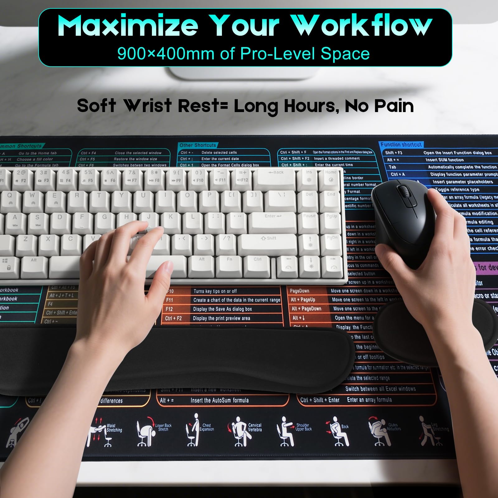 Excel Cheat Sheet Mouse Pad Set | 3-Piece XXL Ergonomic Desk Mat with Wrist Rest for Office &