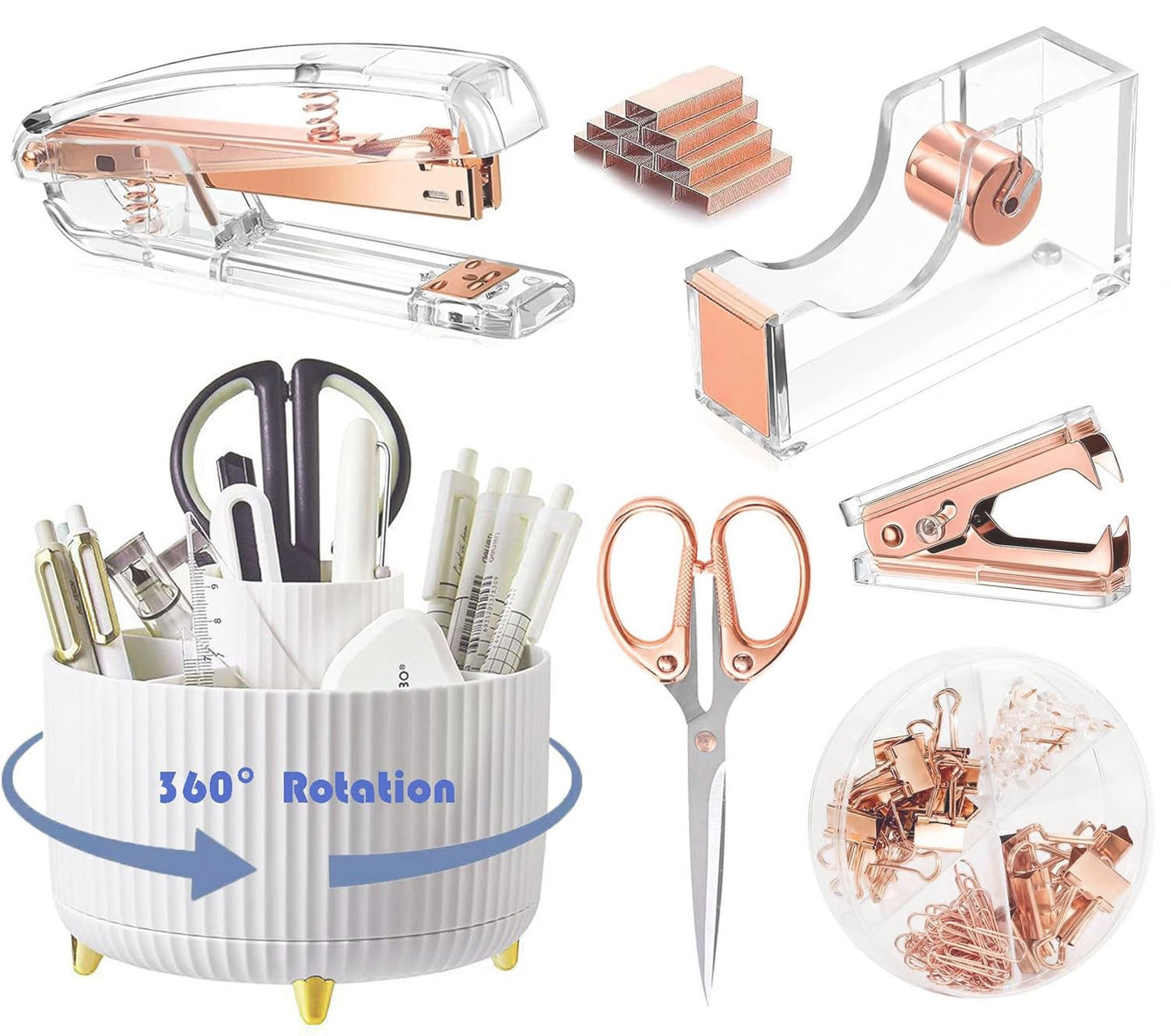 Gawsey Rose Gold Desk Organizers and Accessories with Desk Organizer 360° Rotating Pen Holder and
