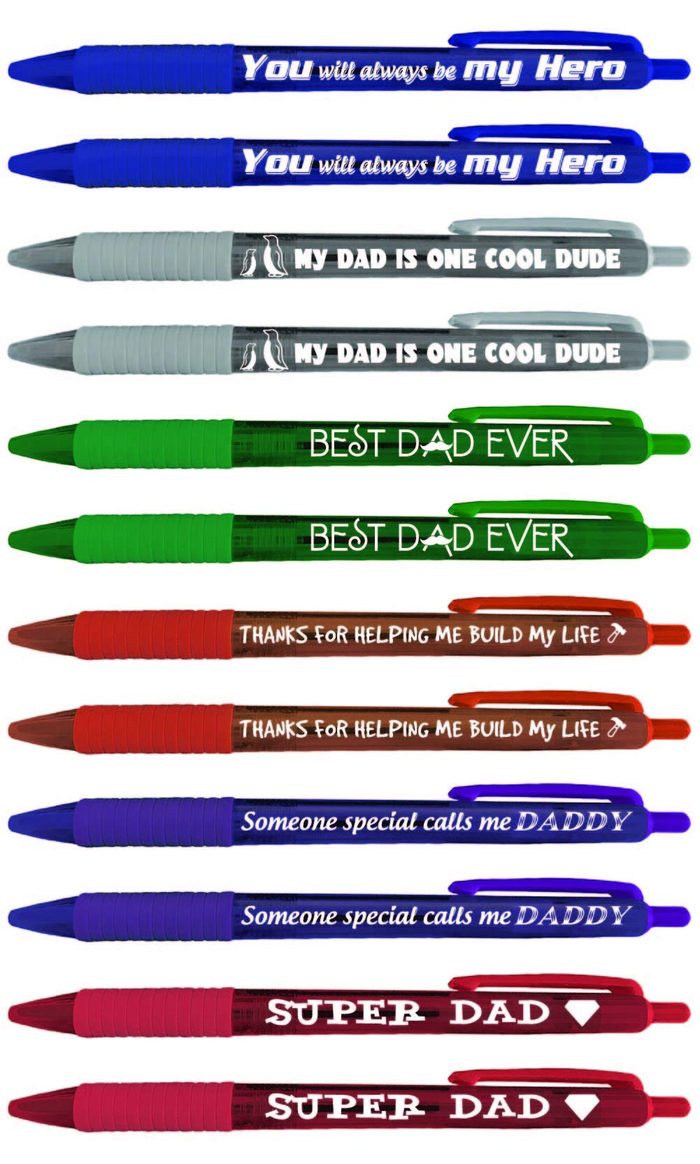 Greeting Pen 12 Translucent Dad Pens with Comfort Grip, Set of 6 Designs 46020- Colorful Father