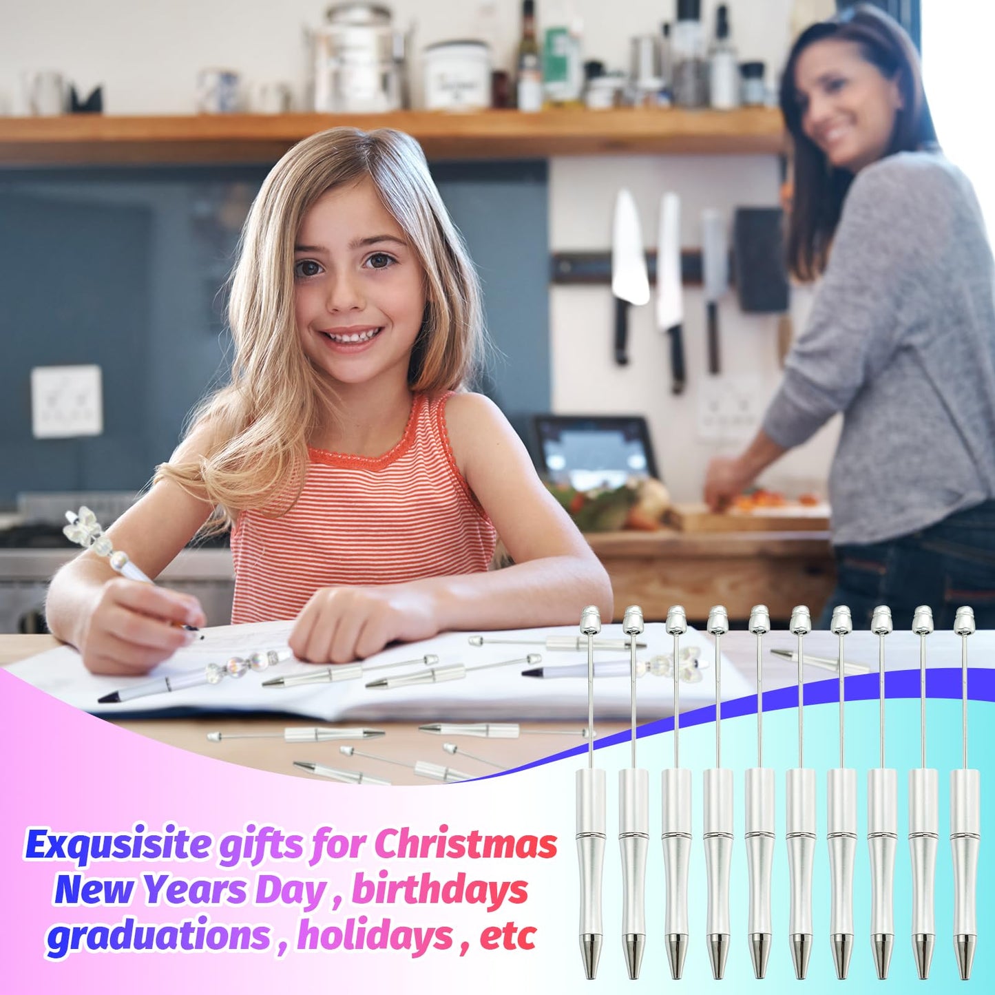 DASTTUIS 300 Pieces DIY Beadable Pens Kit - 100 plastic Beadable Pens Bulk, Refills & pen bags