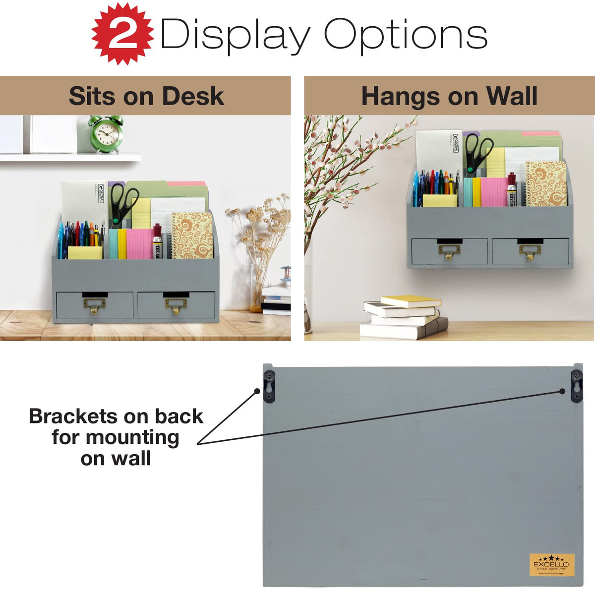 Wood Desk Organizer, 6 Compartments 2 Drawer Supplies Rack - Solid Gray