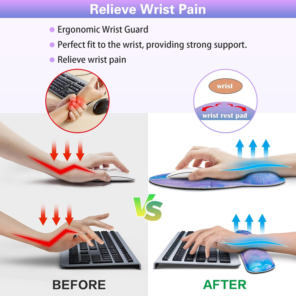 Mouse Pad Purple, Mouse Pad with Wrist Rest Set, 3-in-1