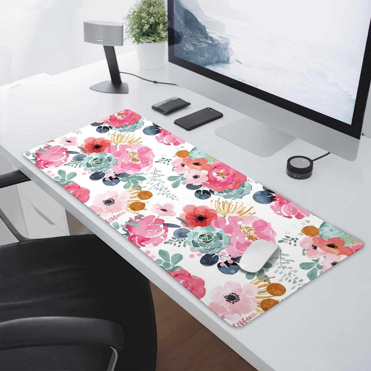 Pink Green Flowers Gaming Mouse Pad XXL Cute Watercolor Floral Pretty Extended Desk Pad Trendy