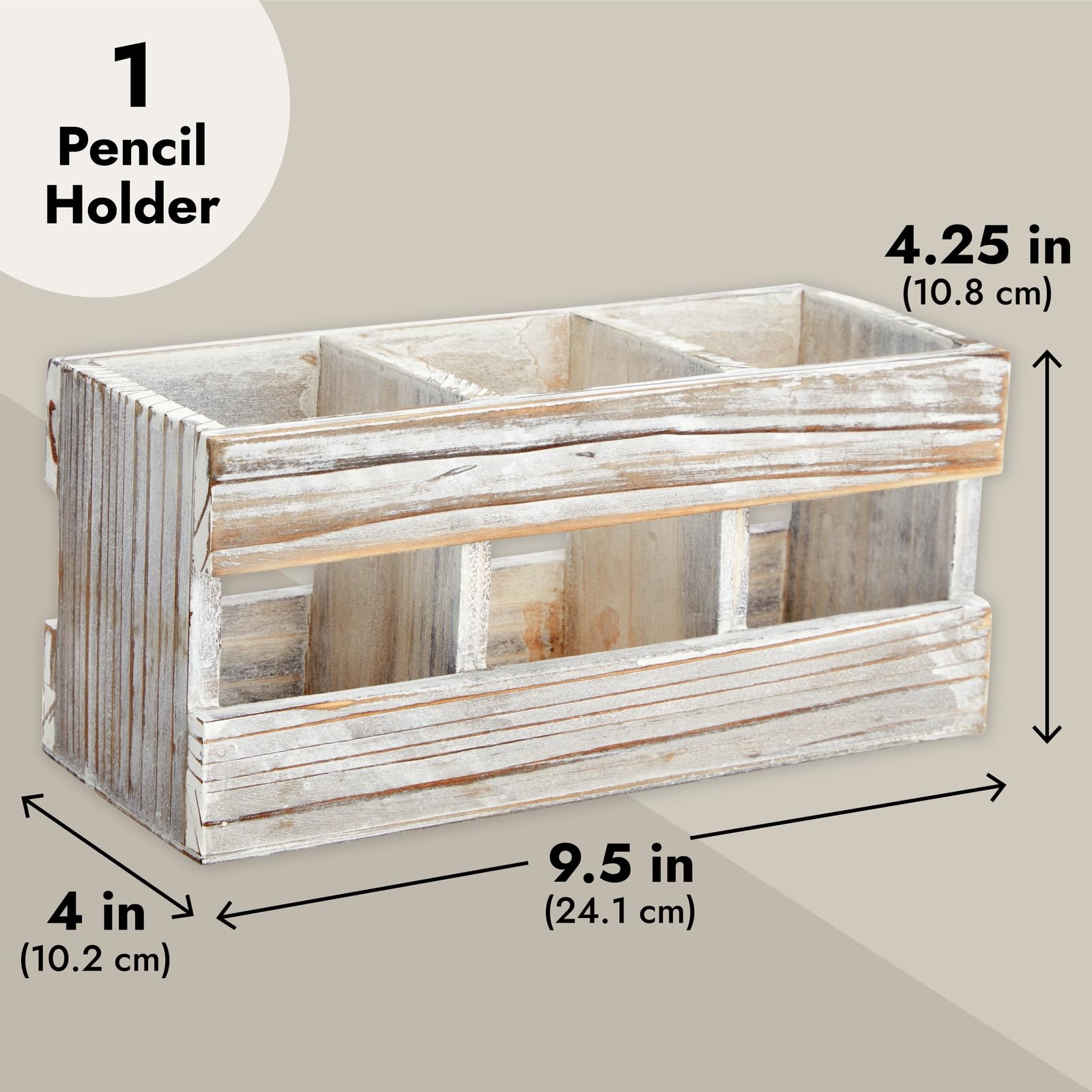 Juvale Farmhouse Decor 3-Compartment Pencil Holder & Desk Organizer - 9.5 x 4.25 x 4 in - Cedarwood