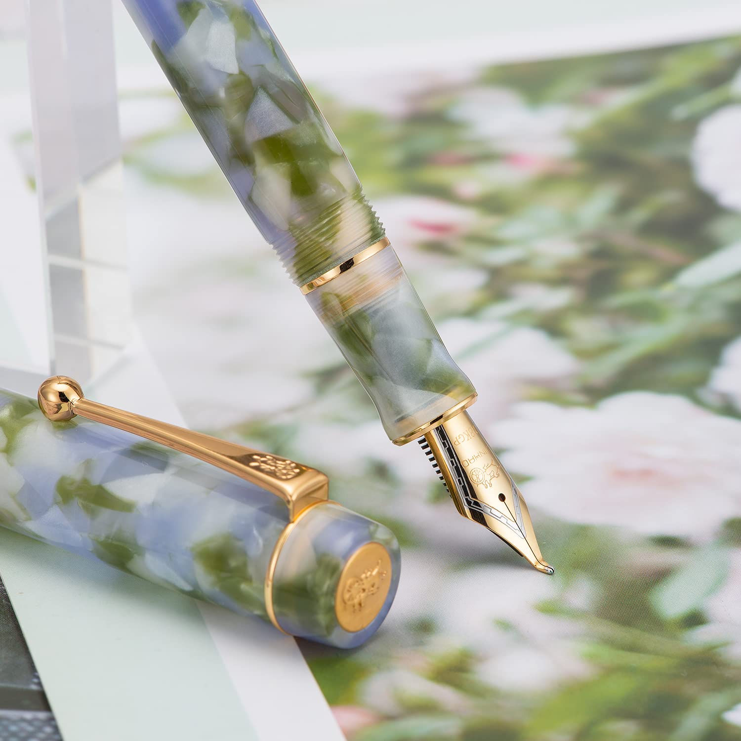 Jinhao 100 Classic Fountain Pen Bent Nib, Blue Green Celluloid Fude Pen Calligraphy from Fine to