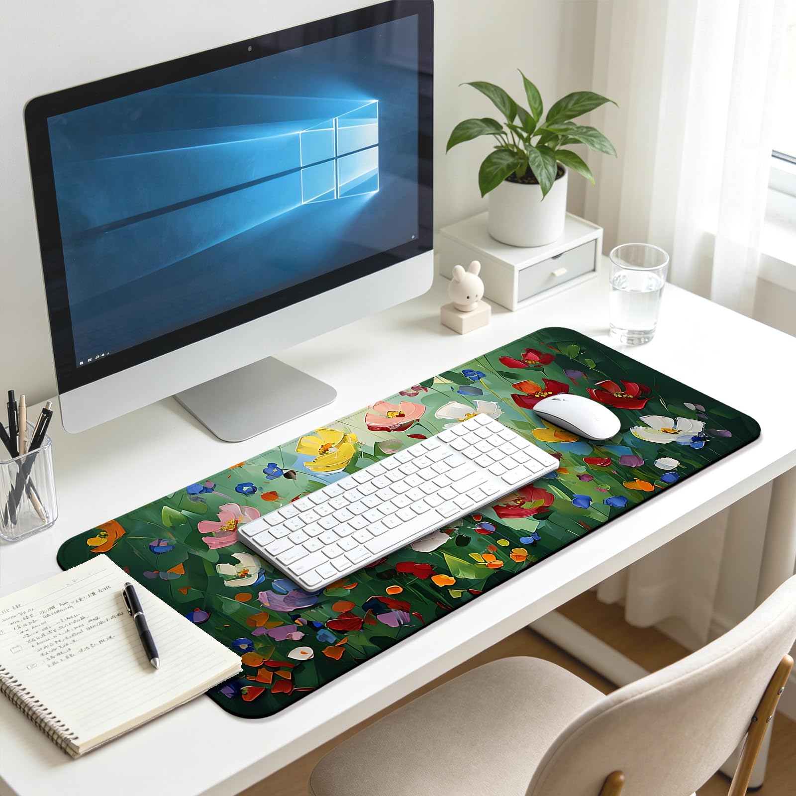Abstract Green Wildflower Gaming Desk Mat, Computer Keyboard Large Extended Long Floral Mouse Pad