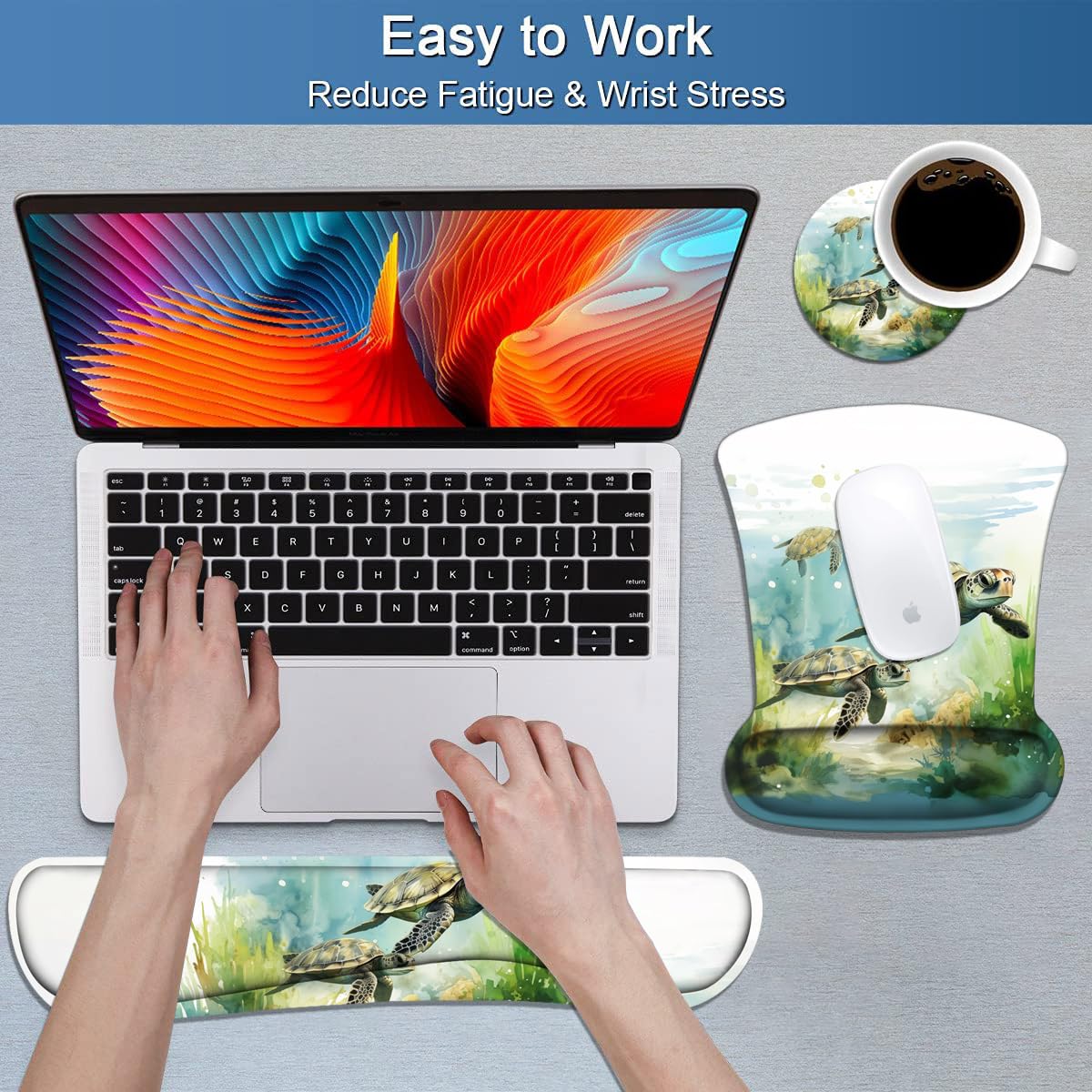Keyboard Wrist Rest and Mouse Pad Wrist Support Set with Coasters, Non-Slip PU Base Ergonomic