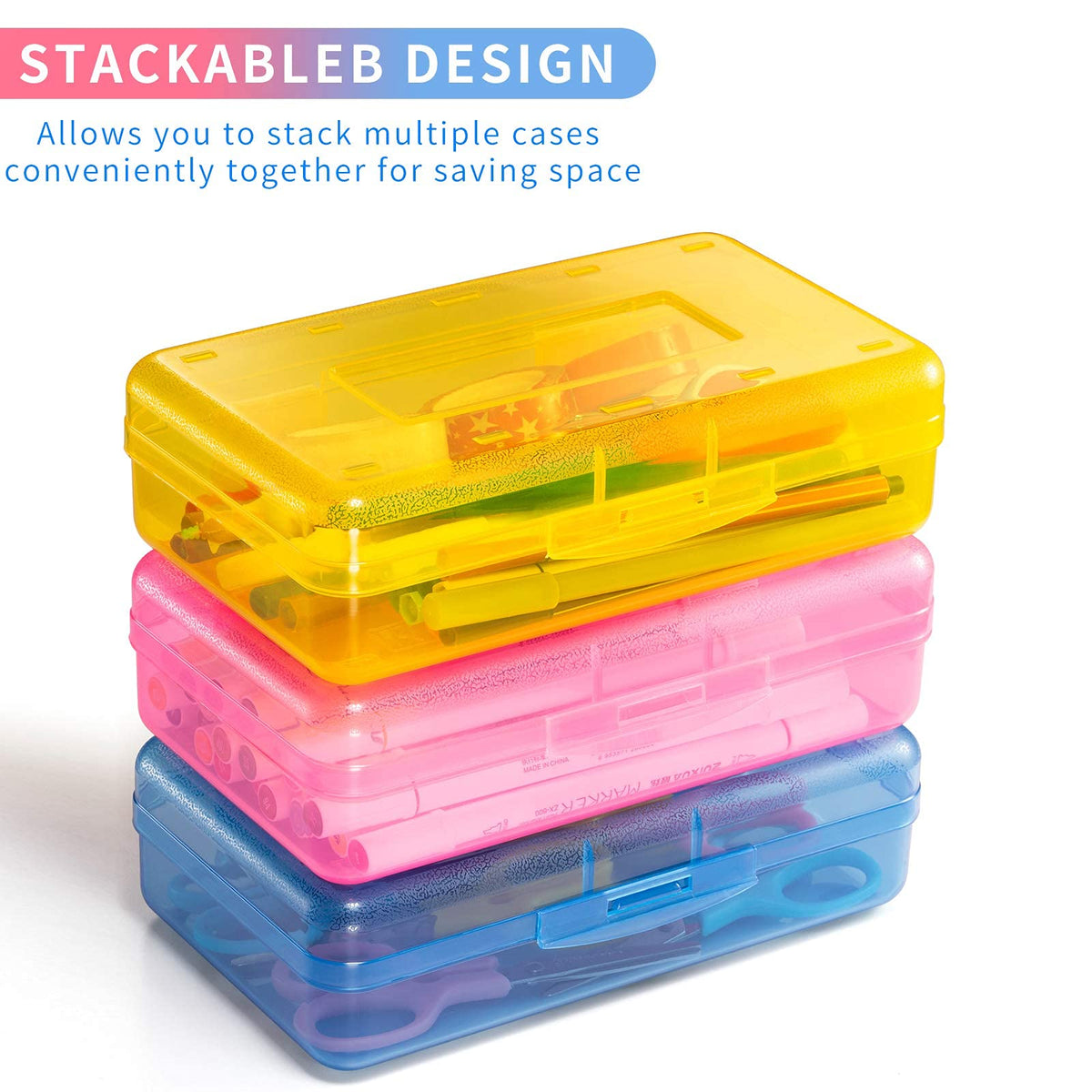 Sooez Plastic Pencil Case Box 6 Pack, Colored Large Craft Storage Bulk