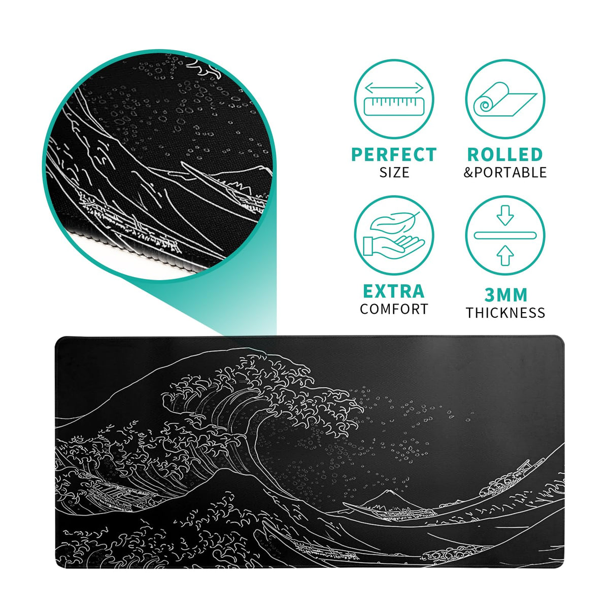 Japanese Gaming Mouse Pad Abstract Black Mouse Pad 31.5x11.8 Inch Black Sea Wave Texture Non-Slip