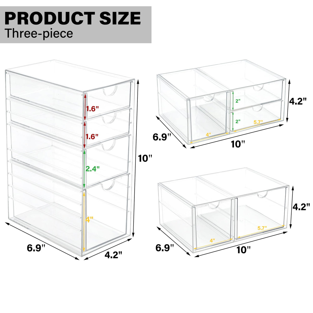 Prsildan Acrylic Drawer Makeup Organizer with 9 Drawers, Set of 3 Office Desk Organizers