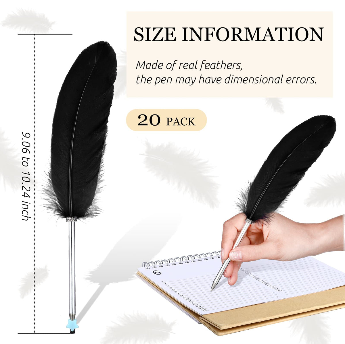 Censen Feather Ballpoint Pen Set of 20, Black Ink, Vintage Quill Design for Writing Instruments