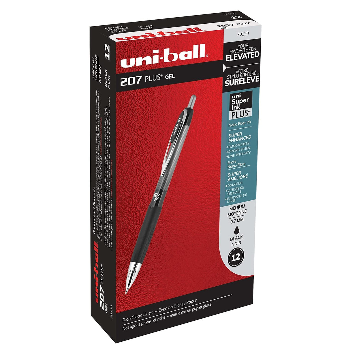 uni-ball 207 Plus+ Retractable Gel Pen 12 Pack in Black with 0.7mm Medium Point Pen Tips, Uni-Super