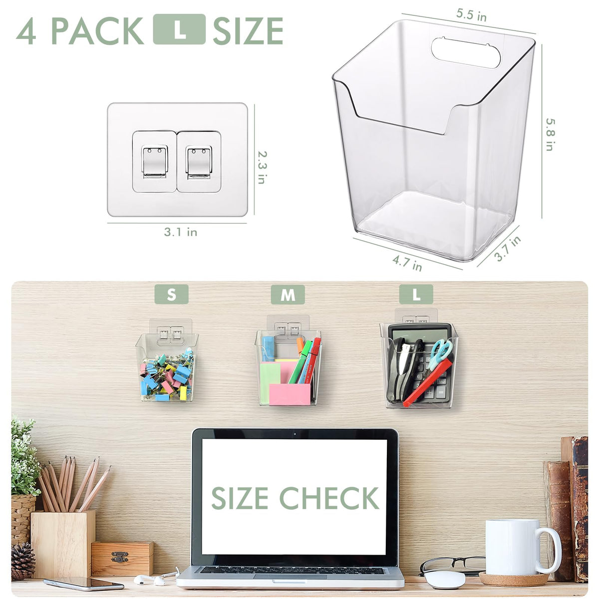 Clear Adhesive Wall Storage Bins, 4 Pack Cabinet Door Organizer Cups(Large)