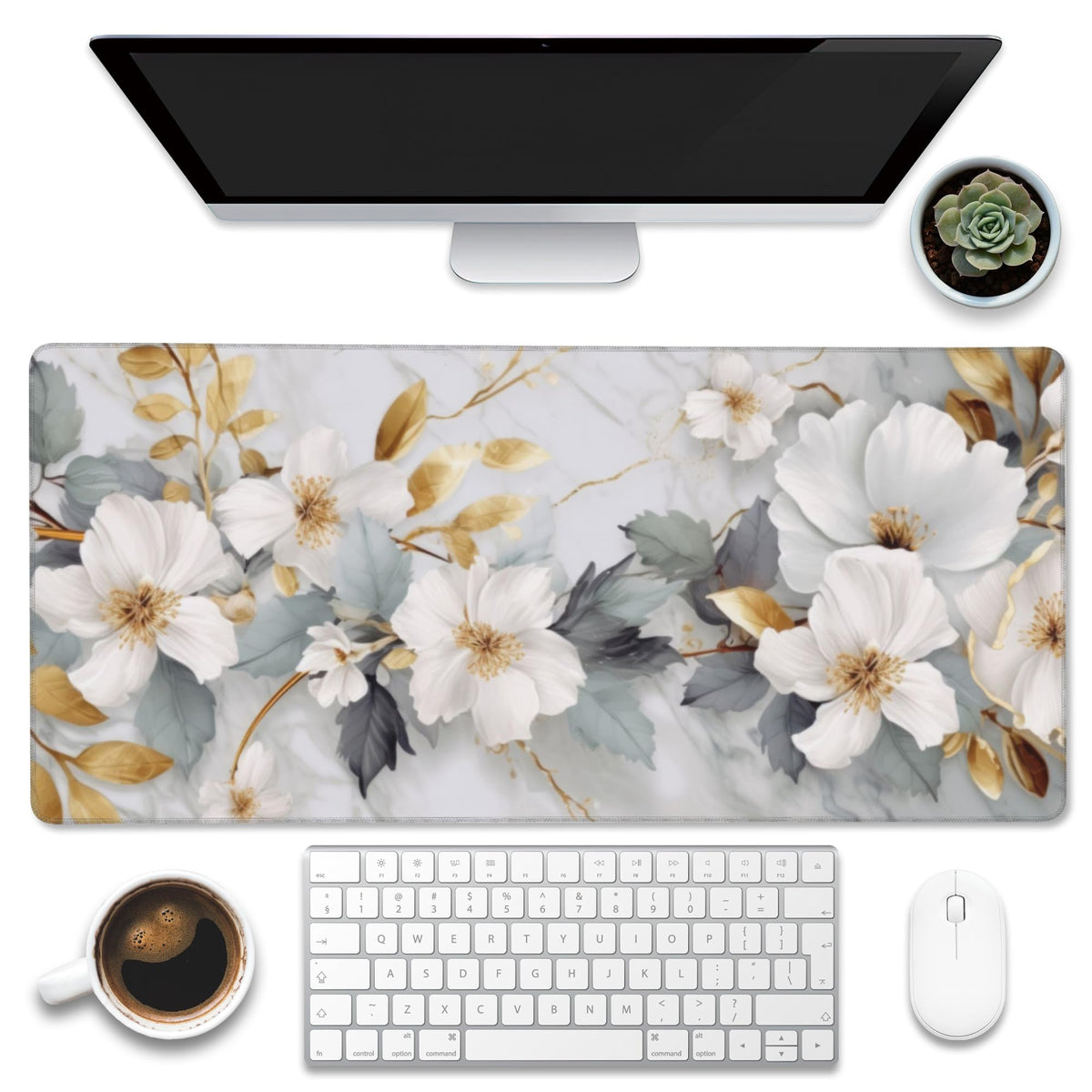 Eflxamz Desk Mat,White Gold Marble Desk Pad,White Flowers Golden Leaves Large Gaming Mouse Pad for