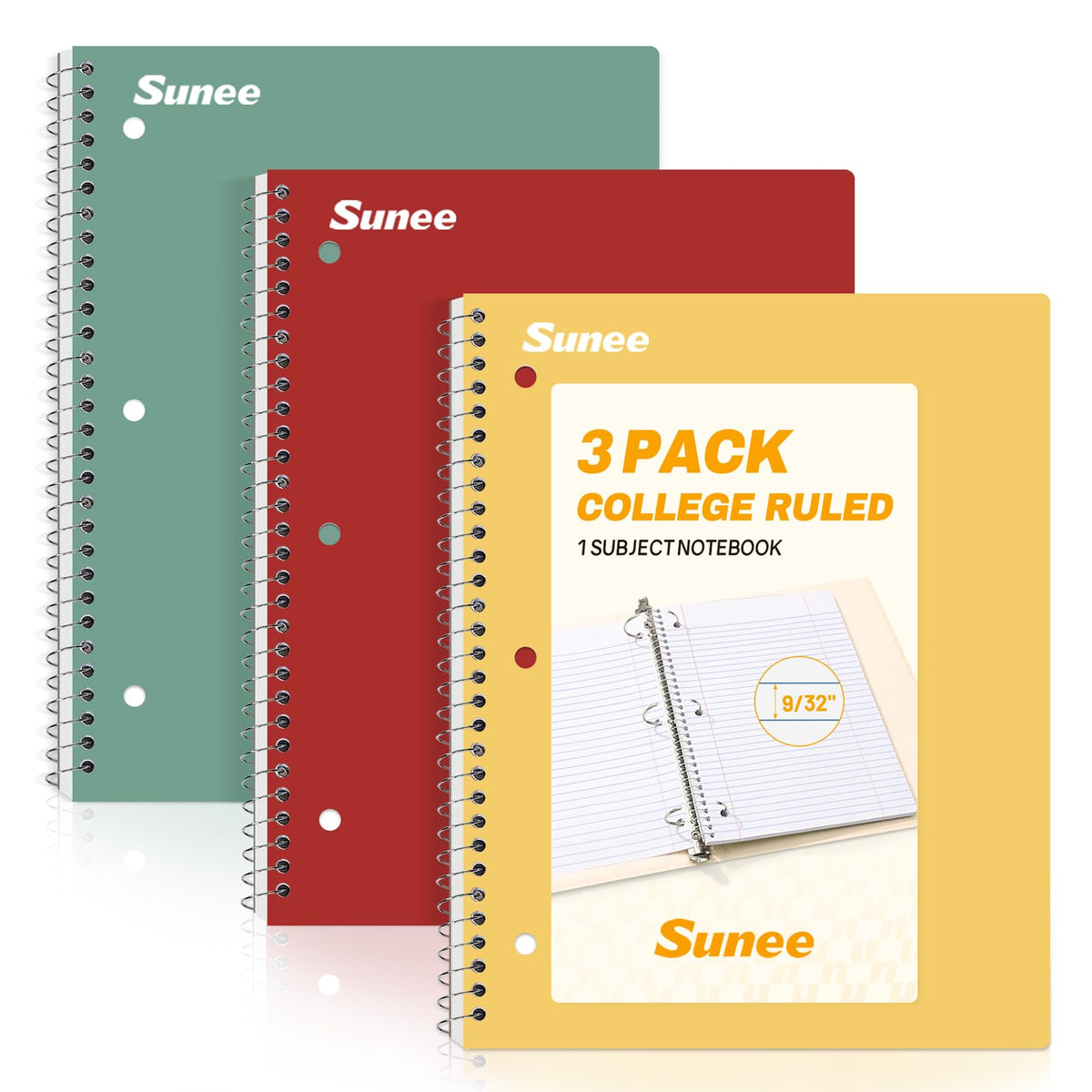 SUNEE Spiral Notebooks, 3 Pack, 1-Subject, College Ruled Paper, 8" x 10-1/2", 70 Sheets per
